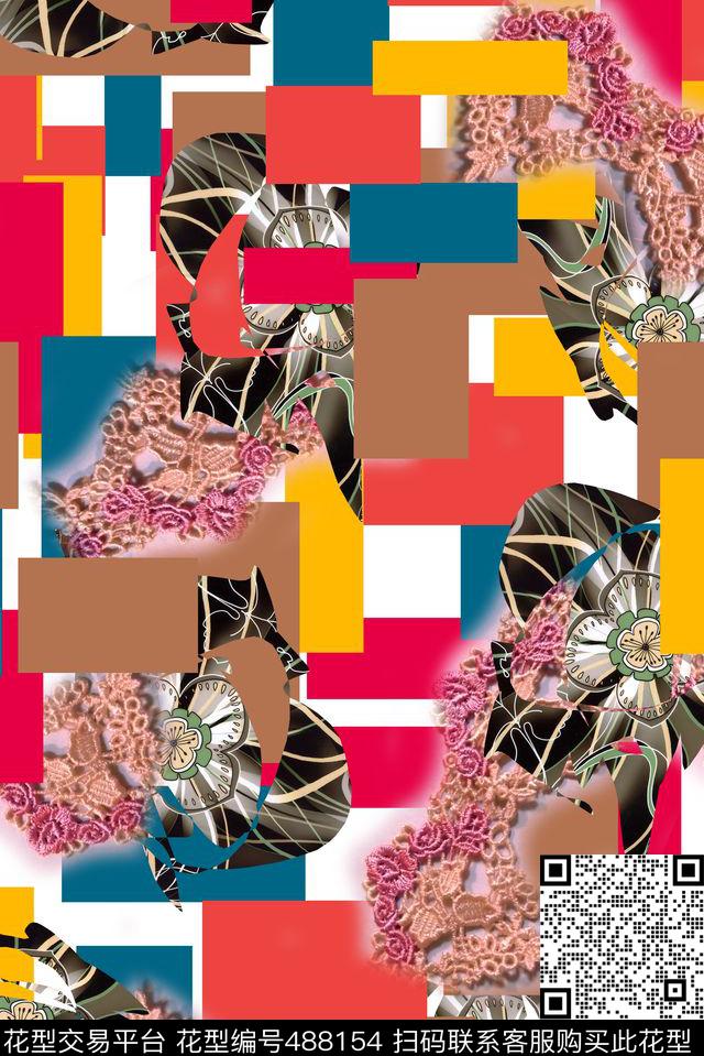 色块蕾丝几何数码印花华亿平台下载（图片编号: 488154） - 瓦栏（Walan）
