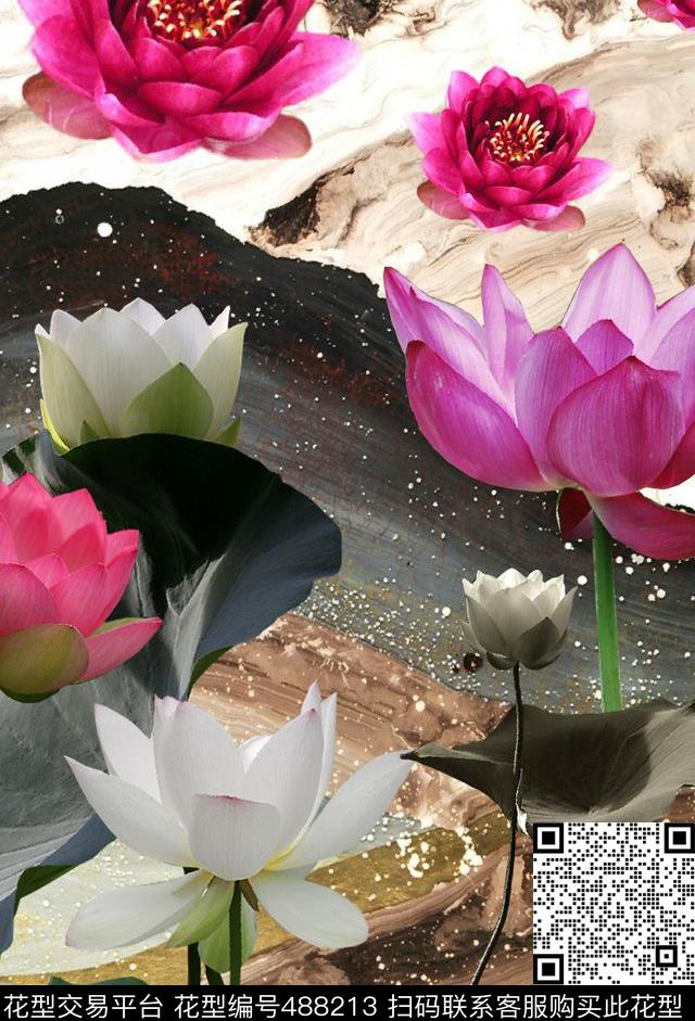 时尚水墨荷花数码印花华亿平台下载（图片编号: 488213） - 瓦栏（Walan）