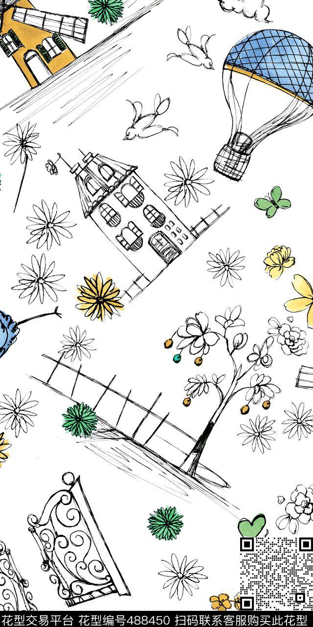 卡通满版华亿平台线条画数码印花华亿平台下载（图片编号: 488450） - 瓦栏（Walan）