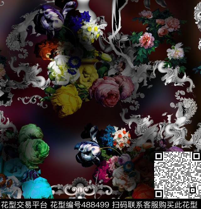 中国风油画花卉数码印花华亿平台下载（图片编号: 488499） - 瓦栏（Walan）