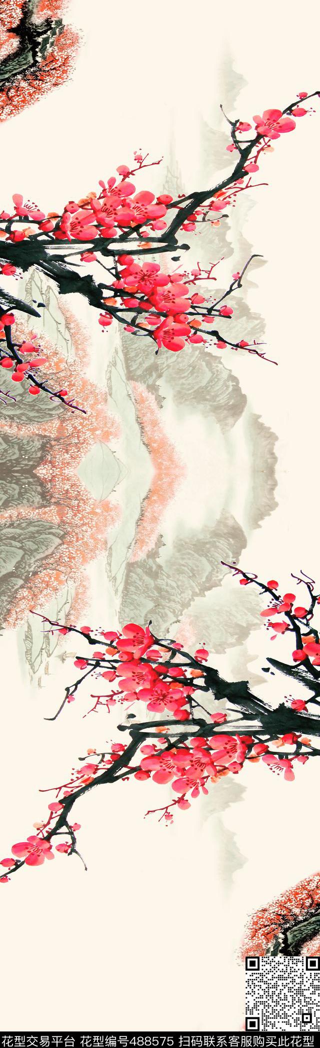 中国风水墨梅花数码印花华亿平台下载（图片编号: 488575） - 瓦栏（Walan）