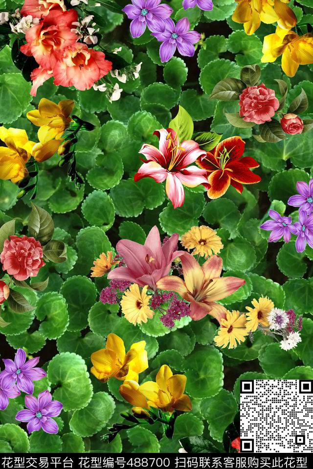 写实树叶组合写实大花秋冬款数码印花华亿平台下载（图片编号: 488700） - 瓦栏（Walan）