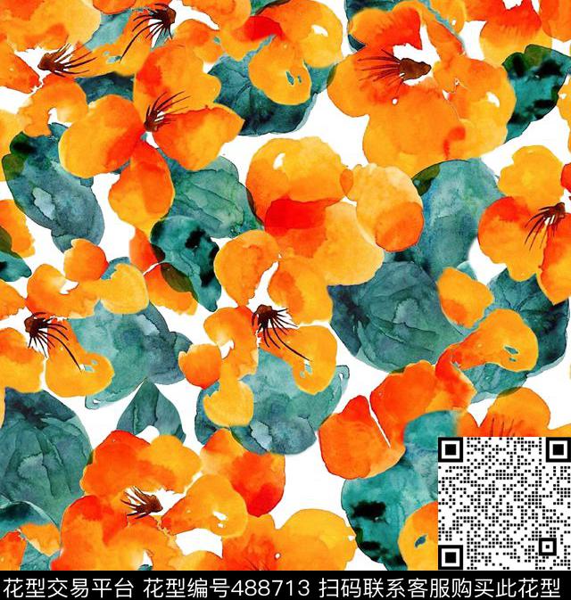 橙色匹布手绘花朵数码印花华亿平台下载（图片编号: 488713） - 瓦栏（Walan）