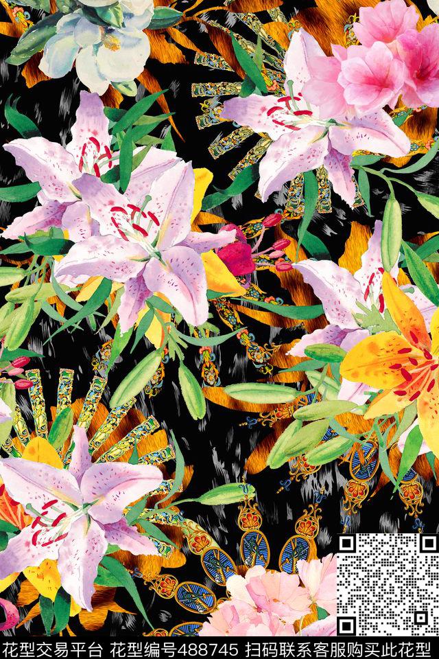 动物纹扇子百合花数码印花华亿平台下载（图片编号: 488745） - 瓦栏（Walan）