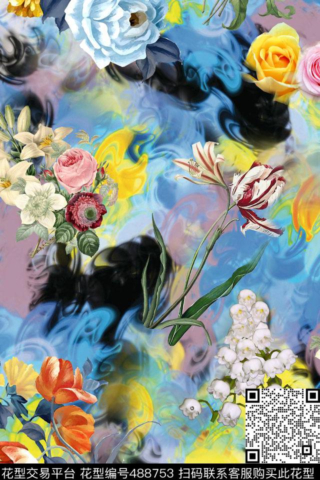炫彩油画底纹组合花卉秋冬华亿平台数码印花华亿平台下载（图片编号: 488753） - 瓦栏（Walan）