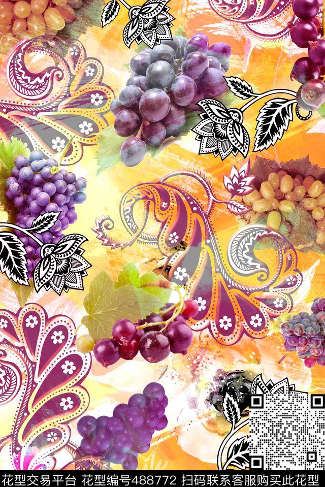 水果欧式花纹水彩底纹数码印花华亿平台下载（图片编号: 488772） - 瓦栏（Walan）