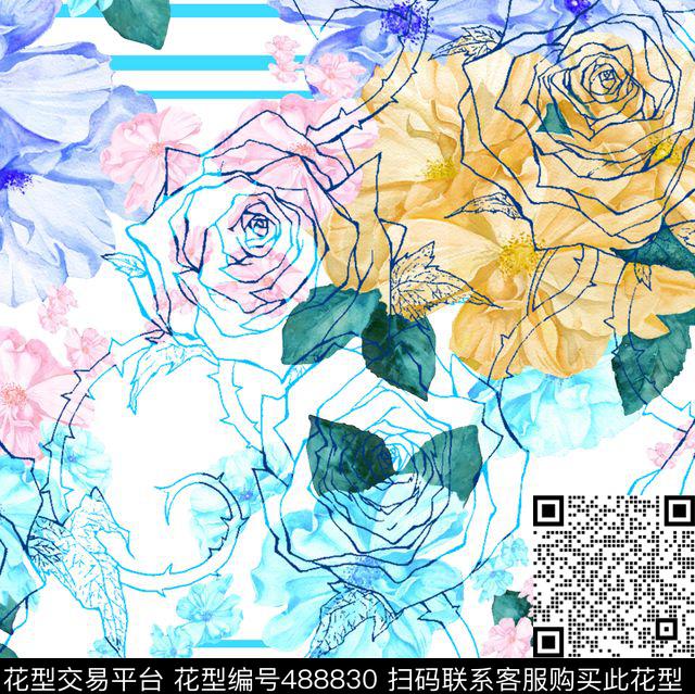 流行时尚清爽手绘欧美数码印花华亿平台下载（图片编号: 488830） - 瓦栏（Walan）