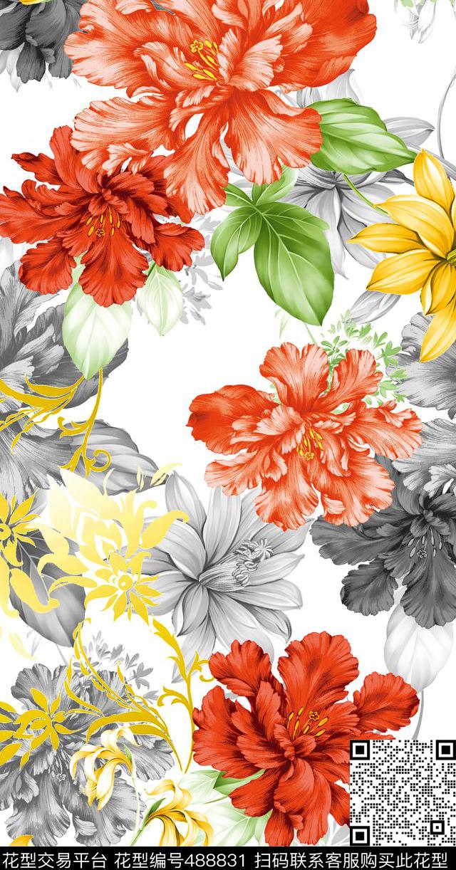 流行时尚手绘大花欧美数码印花华亿平台下载（图片编号: 488831） - 瓦栏（Walan）