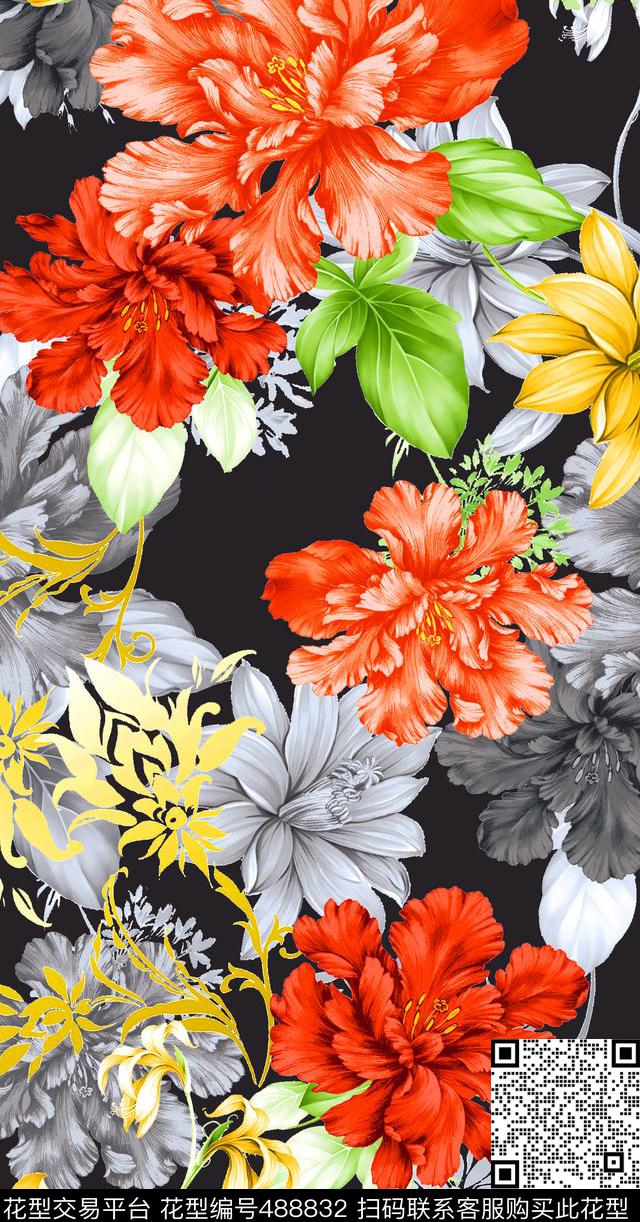 流行时尚手绘大花欧美数码印花华亿平台下载（图片编号: 488832） - 瓦栏（Walan）