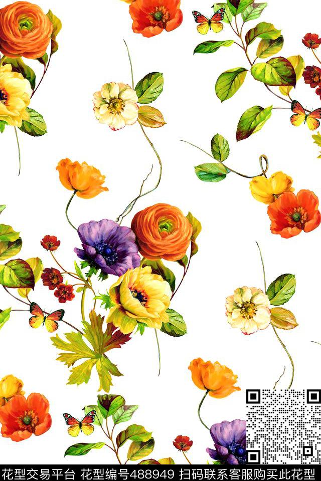 时尚油画花卉数码印花华亿平台下载（图片编号: 488949） - 瓦栏（Walan）