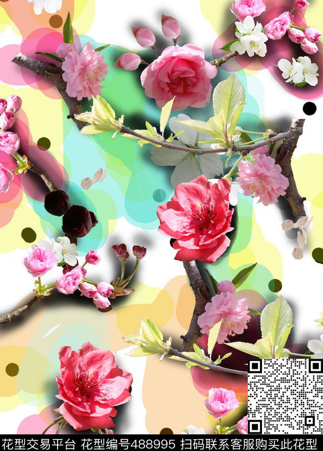 写实花朵涂鸦数码印花华亿平台下载（图片编号: 488995） - 瓦栏（Walan）