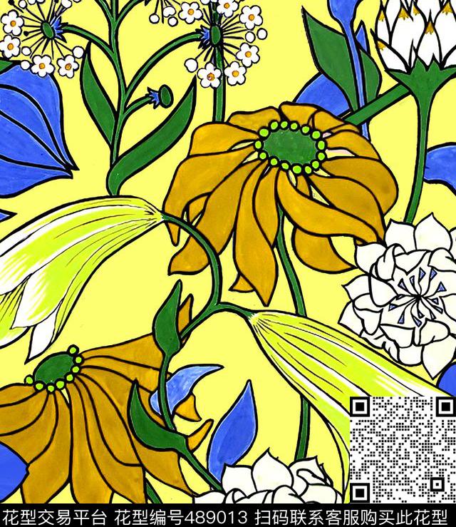 植物花卉系列森女田园风复古蓝黄花传统印花华亿平台下载（图片编号: 489013） - 瓦栏（Walan）