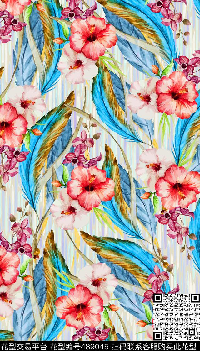 清新羽毛花卉数码印花华亿平台下载（图片编号: 489045） - 瓦栏（Walan）