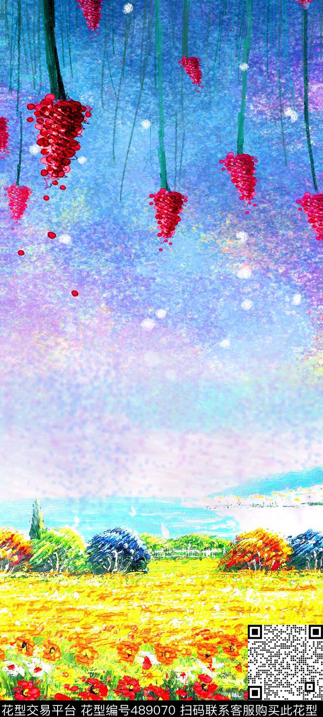 花海原野蓝色天空花卉数码印花华亿平台下载（图片编号: 489070） - 瓦栏（Walan）