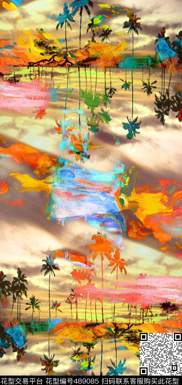 热带潮流大牌夏威夷风景结构数码印花华亿平台下载（图片编号: 489085） - 瓦栏（Walan）