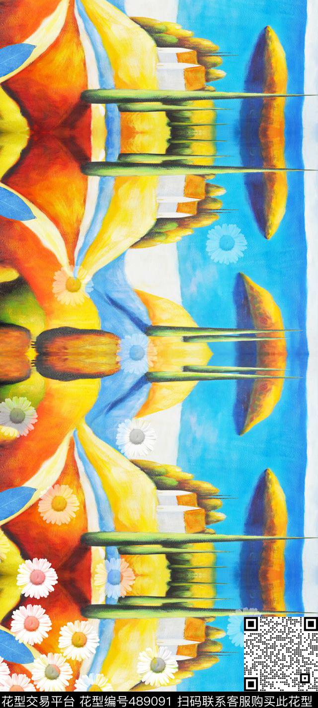 时尚复古油画色块花朵数码印花华亿平台下载（图片编号: 489091） - 瓦栏（Walan）
