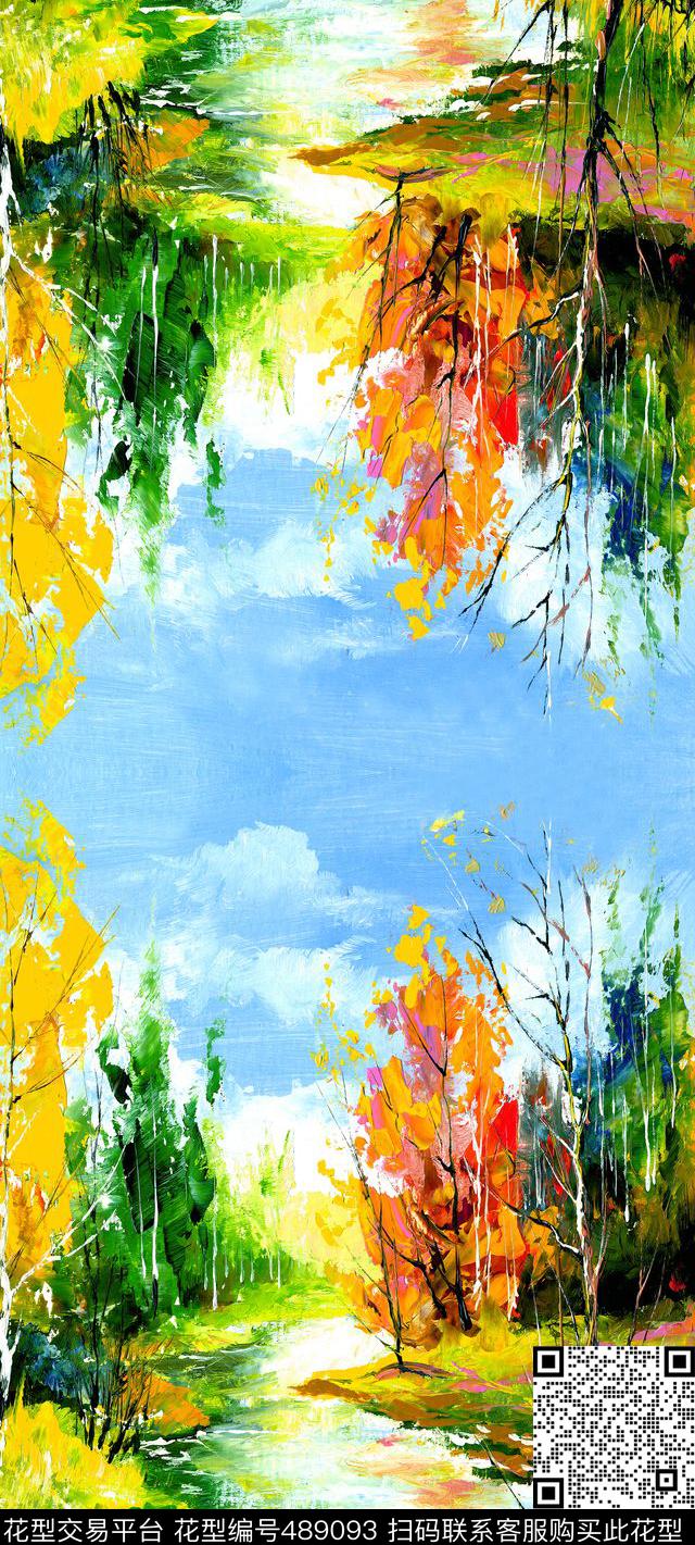复古树林油画秋天数码印花华亿平台下载（图片编号: 489093） - 瓦栏（Walan）