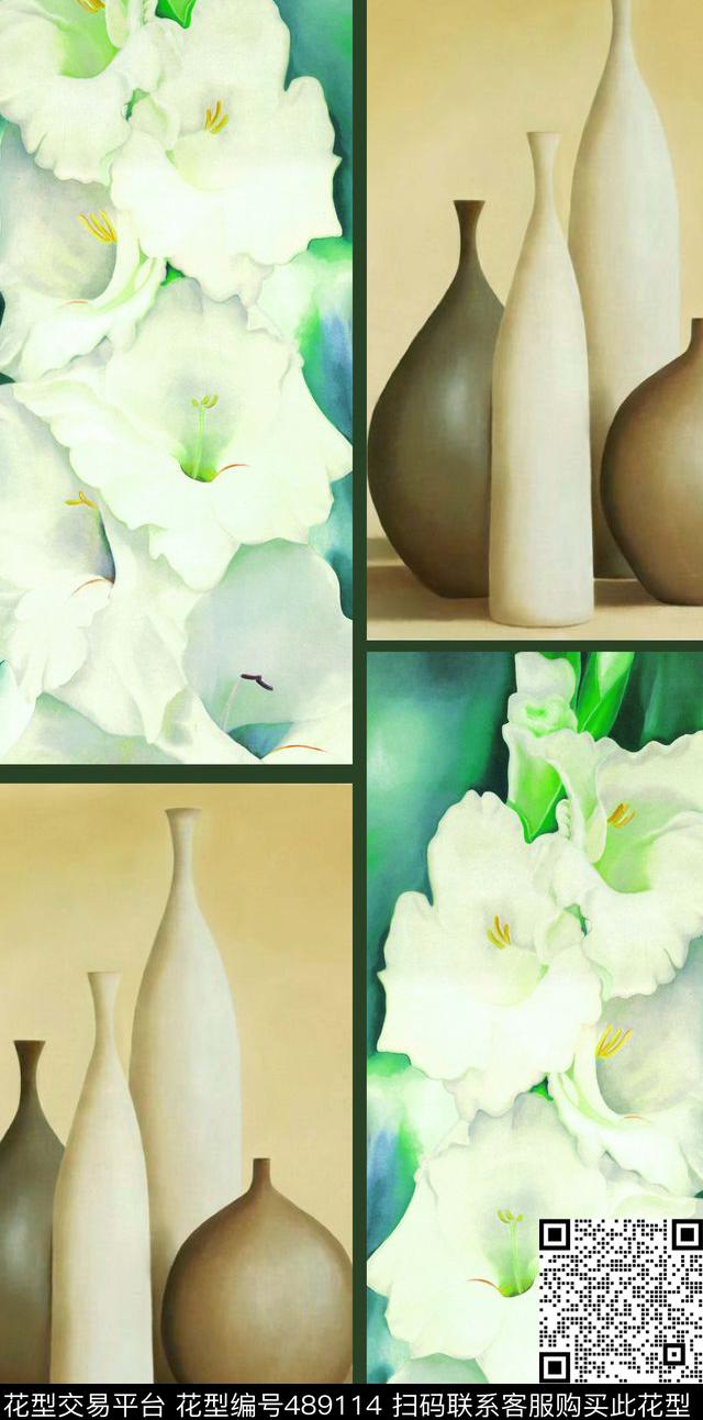 时尚简约花瓶花静物几何图案数码印花华亿平台下载（图片编号: 489114） - 瓦栏（Walan）