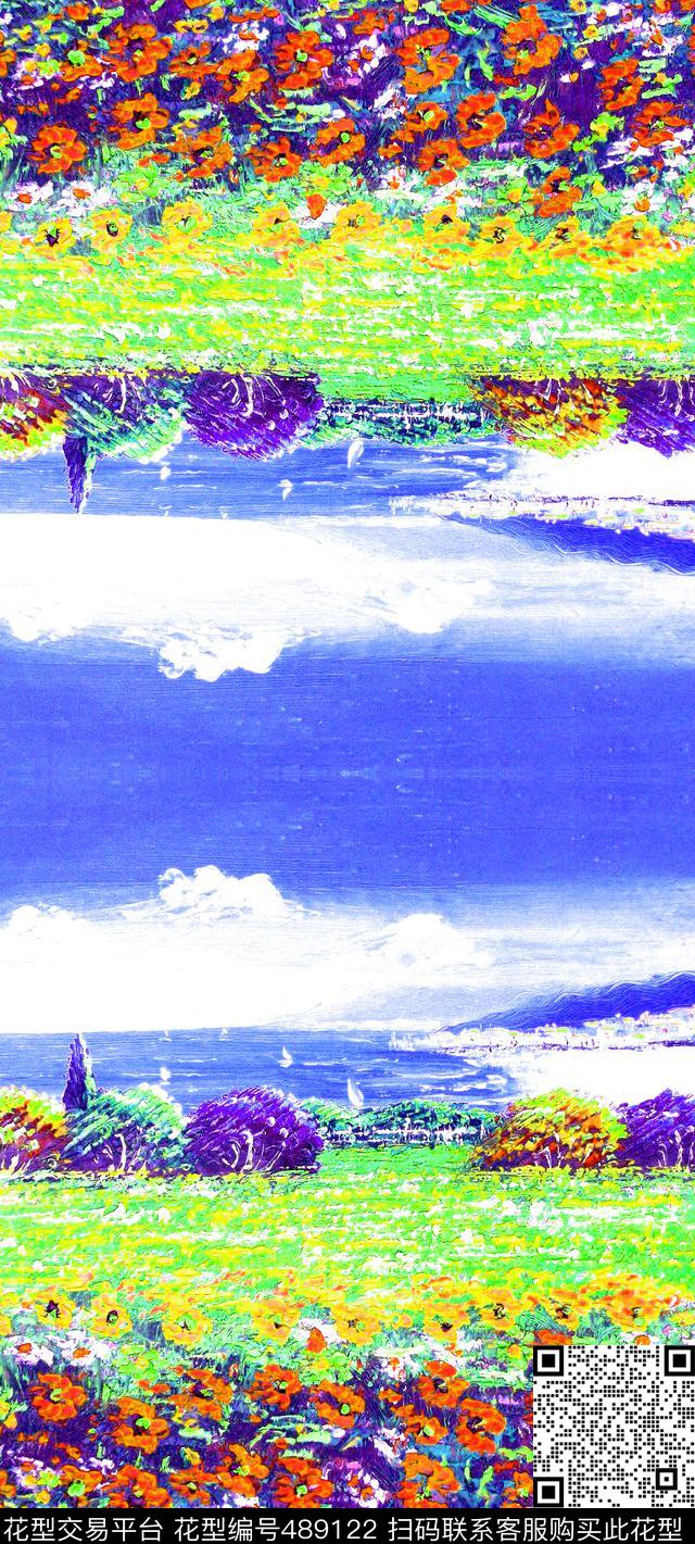 时尚写意风景花海纯色蓝天数码印花华亿平台下载（图片编号: 489122） - 瓦栏（Walan）