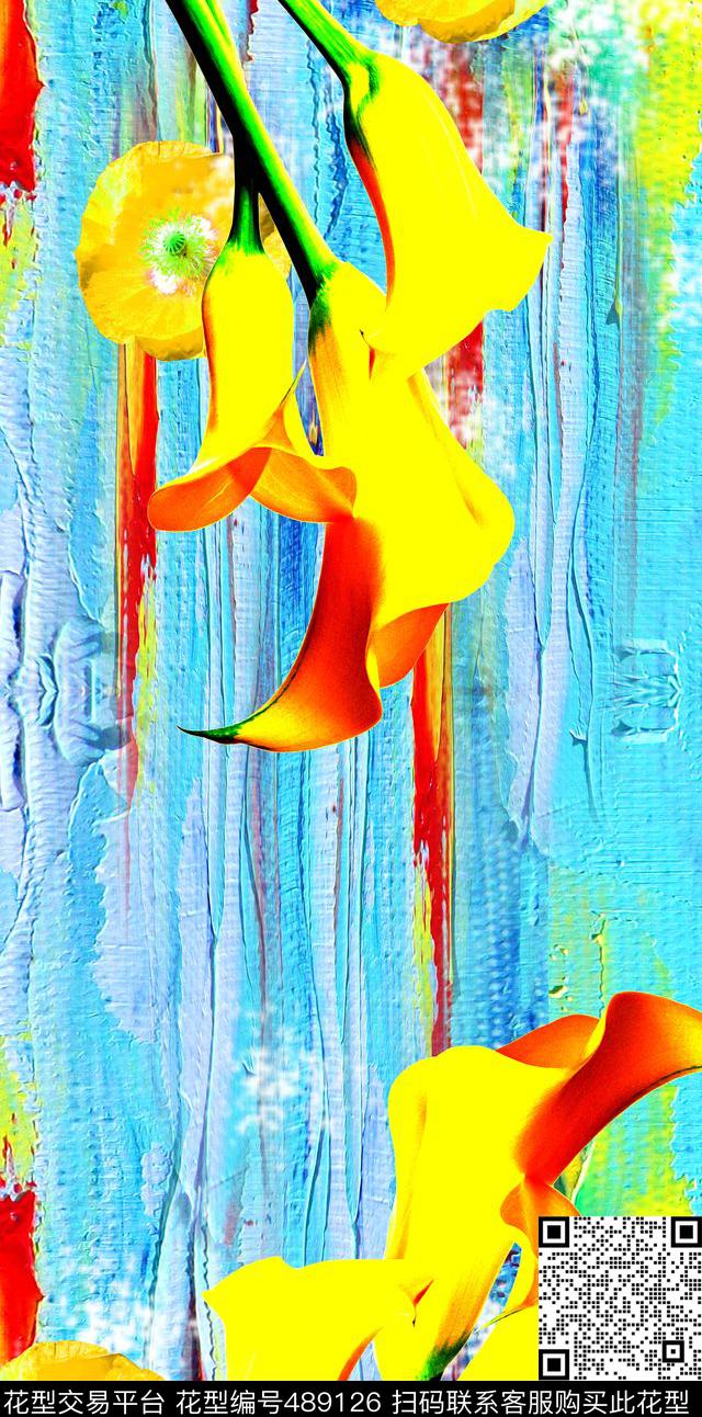 写意定位马蹄莲油画机理数码印花华亿平台下载（图片编号: 489126） - 瓦栏（Walan）