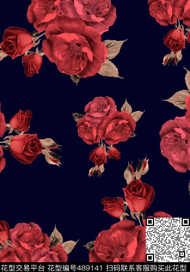 复古潮流红花时尚玫瑰花手绘通用华亿平台数码印花华亿平台下载（图片编号: 489141） - 瓦栏（Walan）