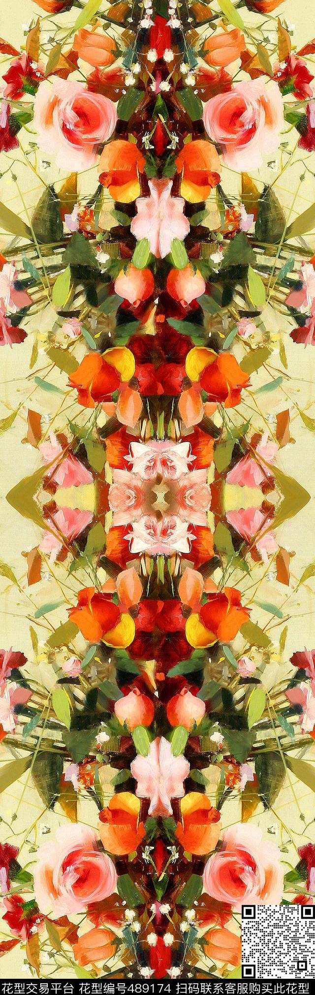 对称花卉丝巾数码印花华亿平台下载（图片编号: 489174） - 瓦栏（Walan）