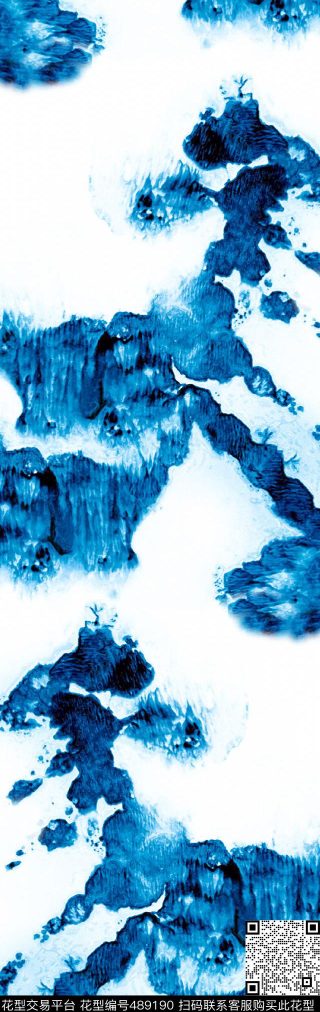 蓝色泼墨水墨数码印花华亿平台下载（图片编号: 489190） - 瓦栏（Walan）