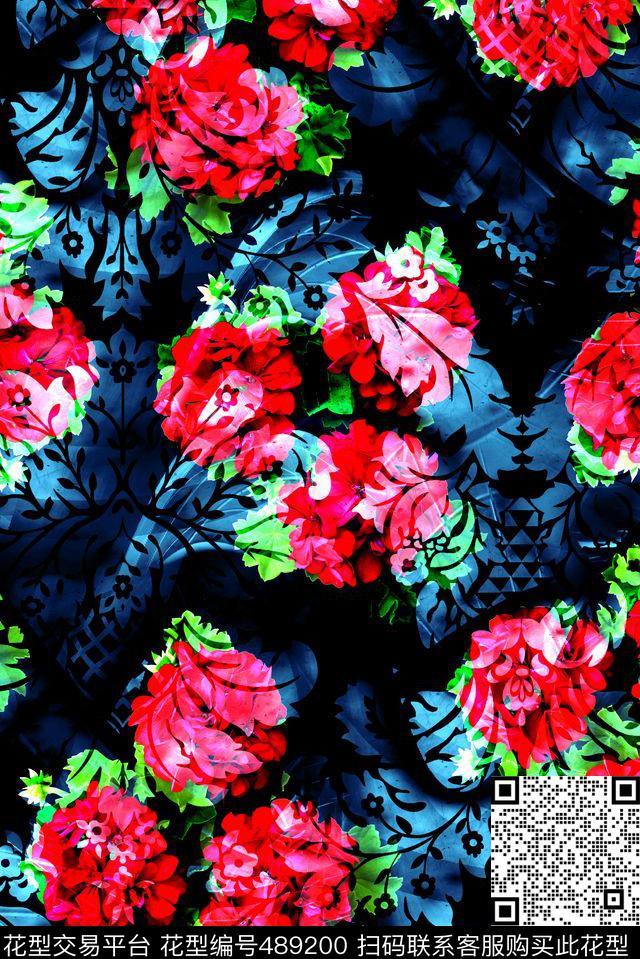 植物花卉大红花卉黑蓝底数码印花华亿平台下载（图片编号: 489200） - 瓦栏（Walan）