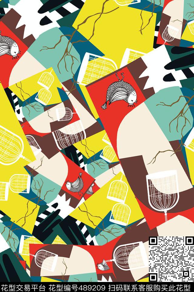 抽象几何小鸟数码印花华亿平台下载（图片编号: 489209） - 瓦栏（Walan）