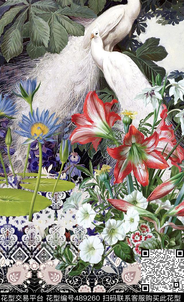 潮流时尚动物孔雀花卉数码印花华亿平台下载（图片编号: 489260） - 瓦栏（Walan）