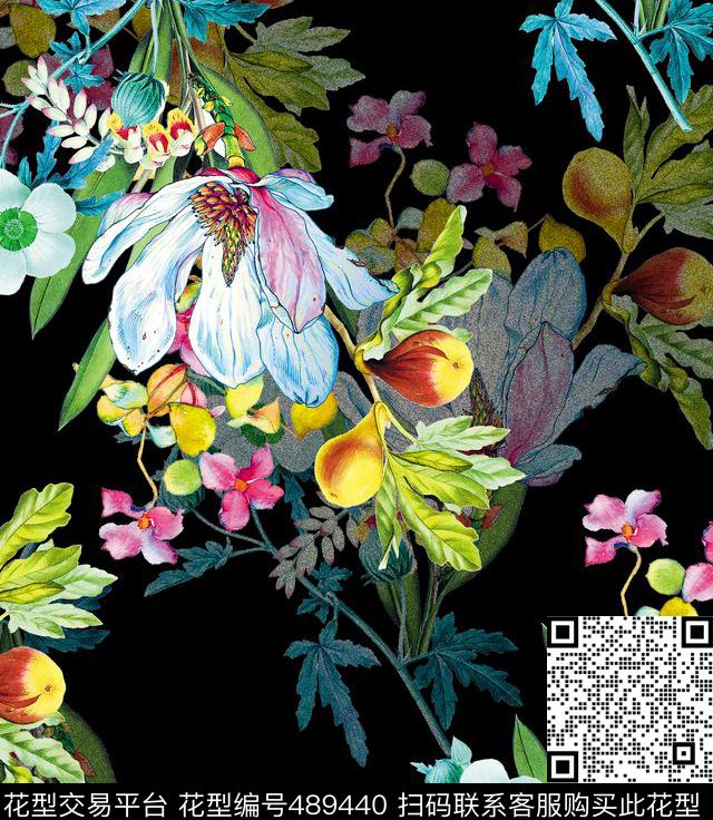流行时尚手绘花卉欧美数码印花华亿平台下载（图片编号: 489440） - 瓦栏（Walan）