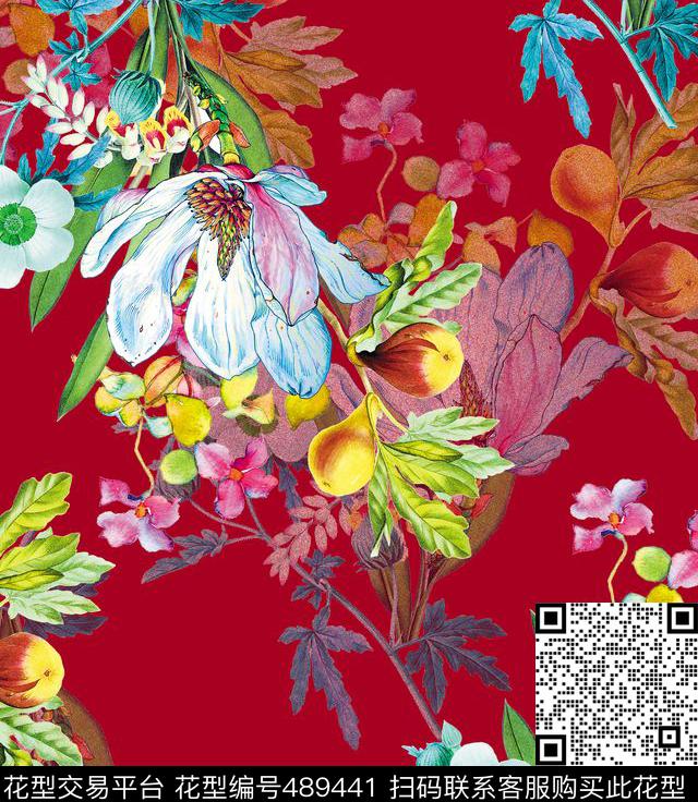流行时尚手绘花卉欧美数码印花华亿平台下载（图片编号: 489441） - 瓦栏（Walan）