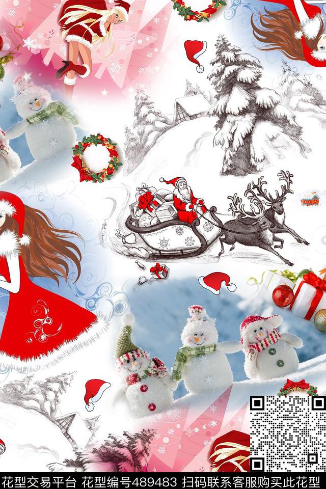 插画圣诞元素女孩数码印花华亿平台下载（图片编号: 489483） - 瓦栏（Walan）