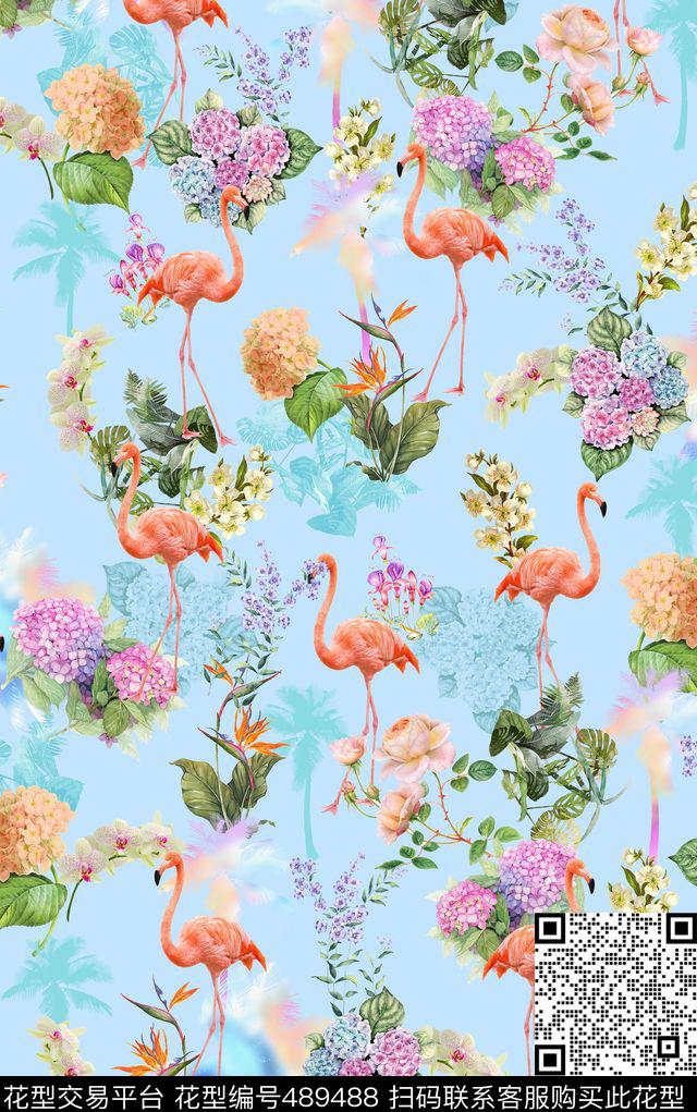 清新热带植物花卉火烈鸟天堂鸟数码印花华亿平台下载（图片编号: 489488） - 瓦栏（Walan）