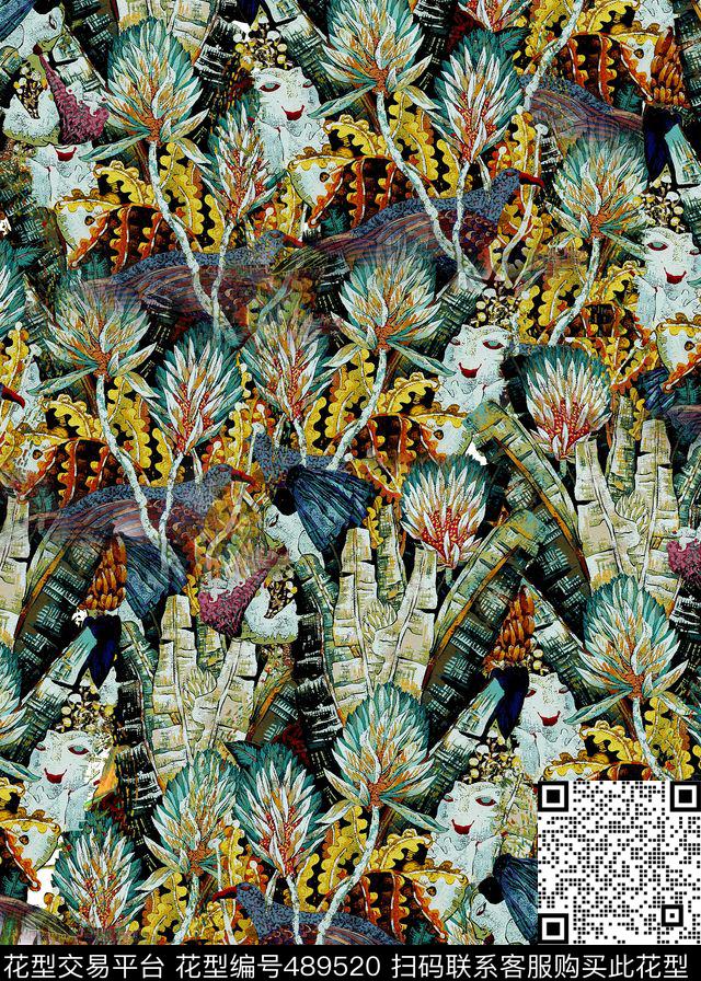 抽象芭蕉叶姑娘数码印花华亿平台下载（图片编号: 489520） - 瓦栏（Walan）