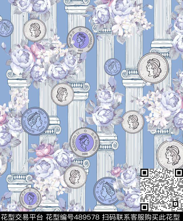 大牌古钱币花朵数码印花华亿平台下载（图片编号: 489578） - 瓦栏（Walan）