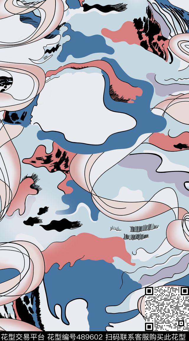 浮世绘抽象水墨色块拼接数码印花华亿平台下载（图片编号: 489602） - 瓦栏（Walan）