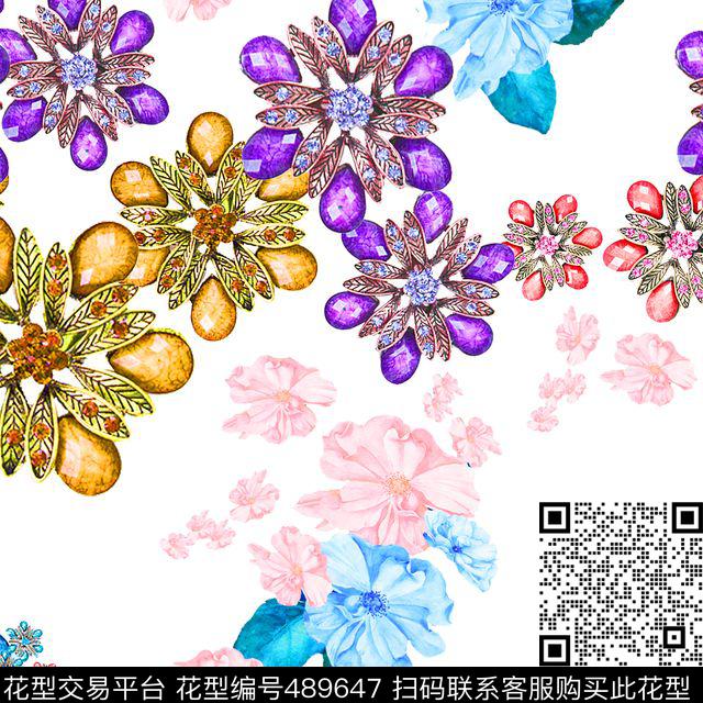 MAX-珠宝花卉流行时尚珠宝宝石手绘花数码印花华亿平台下载（图片编号: 489647） - 瓦栏（Walan）