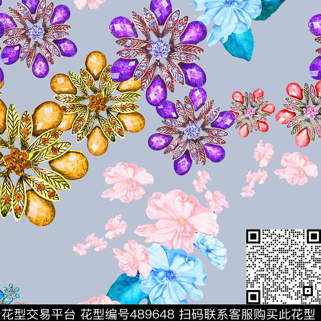 MAX-珠宝花卉流行时尚珠宝宝石手绘花数码印花华亿平台下载（图片编号: 489648） - 瓦栏（Walan）
