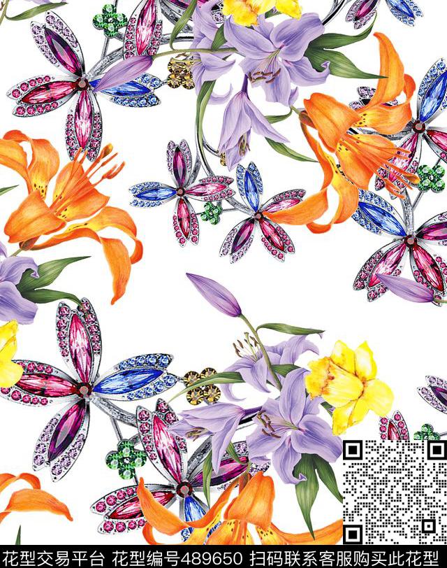 MAX-珠宝花卉流行时尚珠宝宝石手绘花数码印花华亿平台下载（图片编号: 489650） - 瓦栏（Walan）