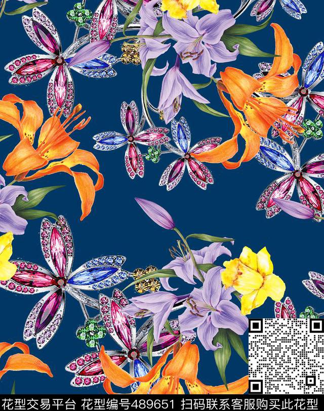 MAX-珠宝花卉流行时尚珠宝宝石手绘花数码印花华亿平台下载（图片编号: 489651） - 瓦栏（Walan）