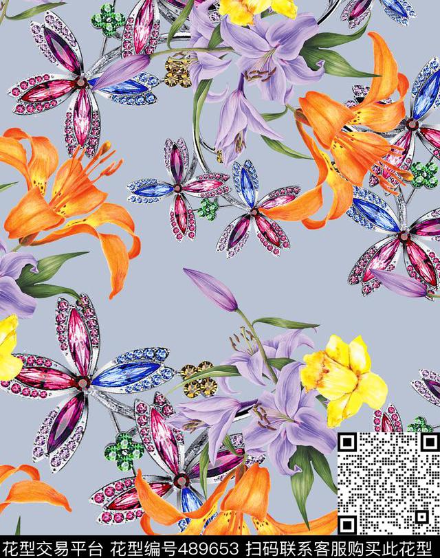 MAX-珠宝花卉流行时尚珠宝宝石手绘花数码印花华亿平台下载（图片编号: 489653） - 瓦栏（Walan）