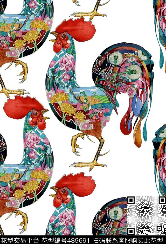 时尚花卉公鸡数码印花华亿平台下载（图片编号: 489691） - 瓦栏（Walan）