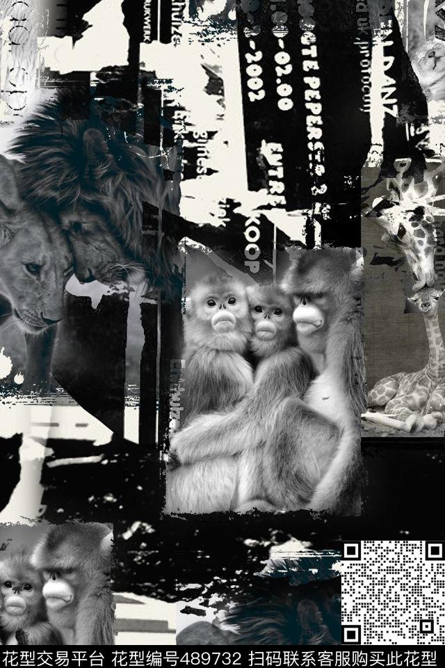 黑白猴子狮子数码印花华亿平台下载（图片编号: 489732） - 瓦栏（Walan）