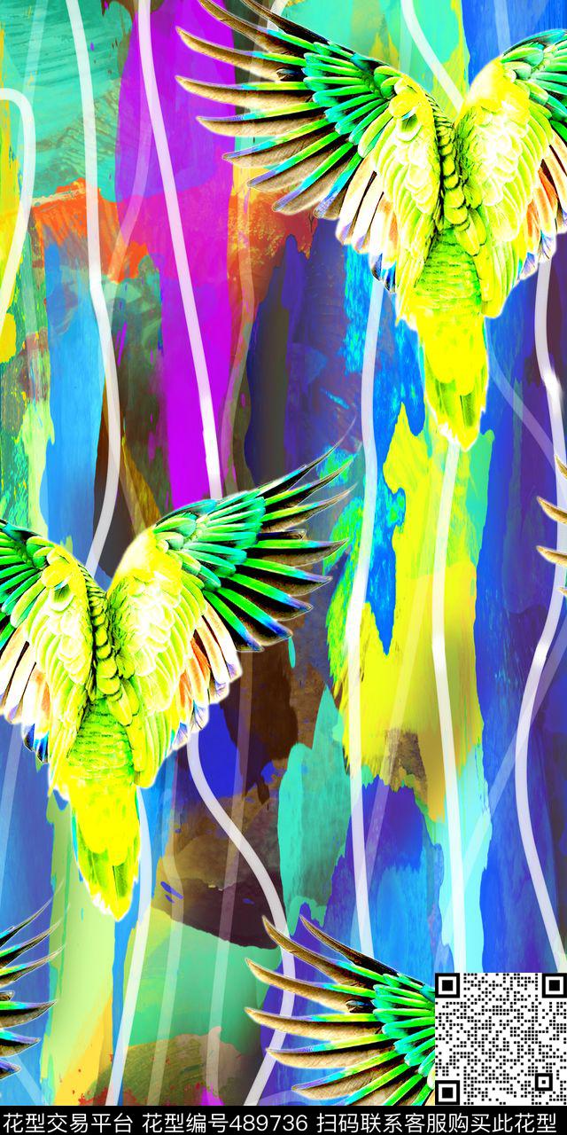 写意飞翔的鸟写意线条色彩组合数码印花华亿平台下载（图片编号: 489736） - 瓦栏（Walan）