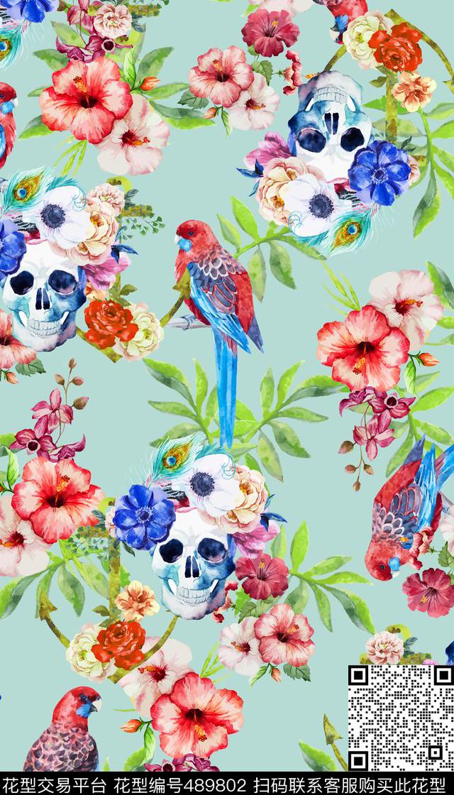 花卉骷髅清新数码印花华亿平台下载（图片编号: 489802） - 瓦栏（Walan）