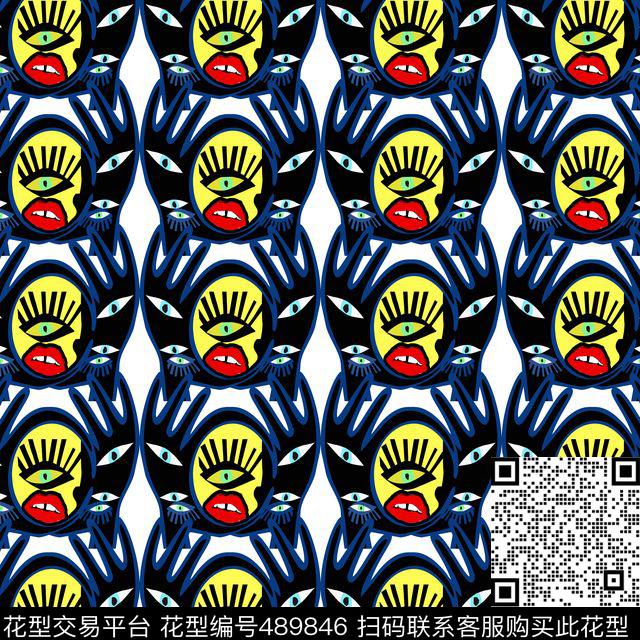 现代时尚趣味人脸手眼睛嘴唇传统印花华亿平台下载（图片编号: 489846） - 瓦栏（Walan）