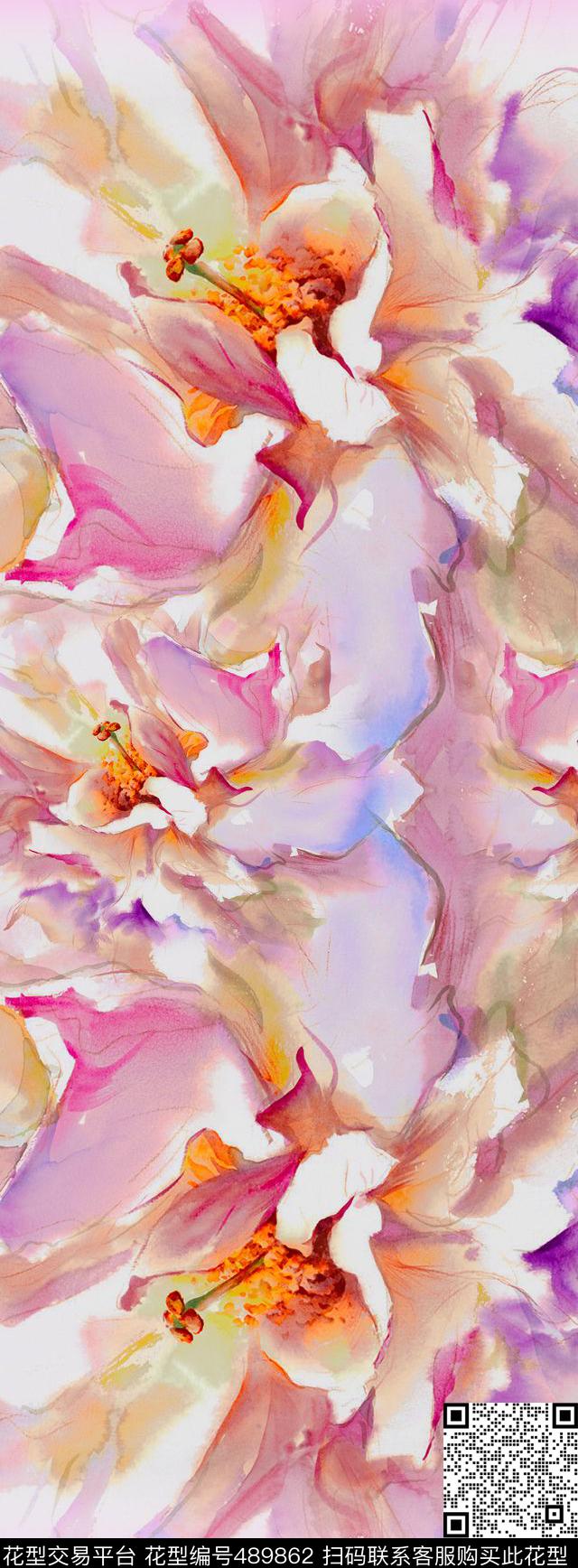 水彩花卉大花数码印花华亿平台下载（图片编号: 489862） - 瓦栏（Walan）