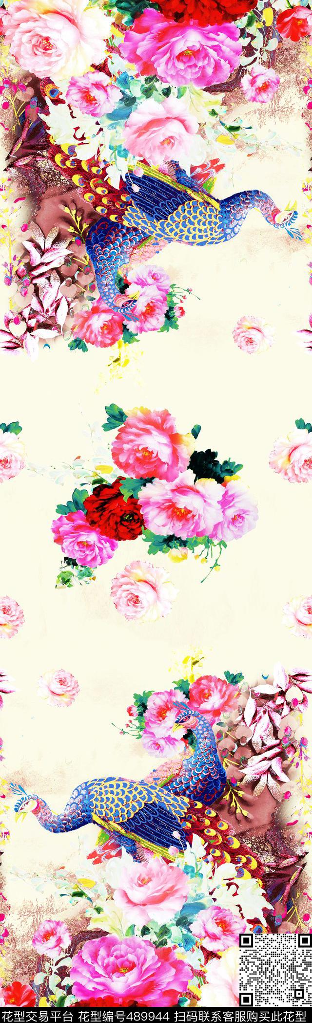 中国风孔雀牡丹数码印花华亿平台下载（图片编号: 489944） - 瓦栏（Walan）