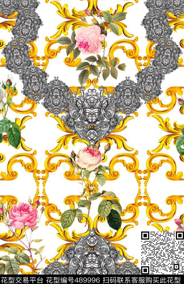 金银玫瑰花数码印花华亿平台下载（图片编号: 489996） - 瓦栏（Walan）